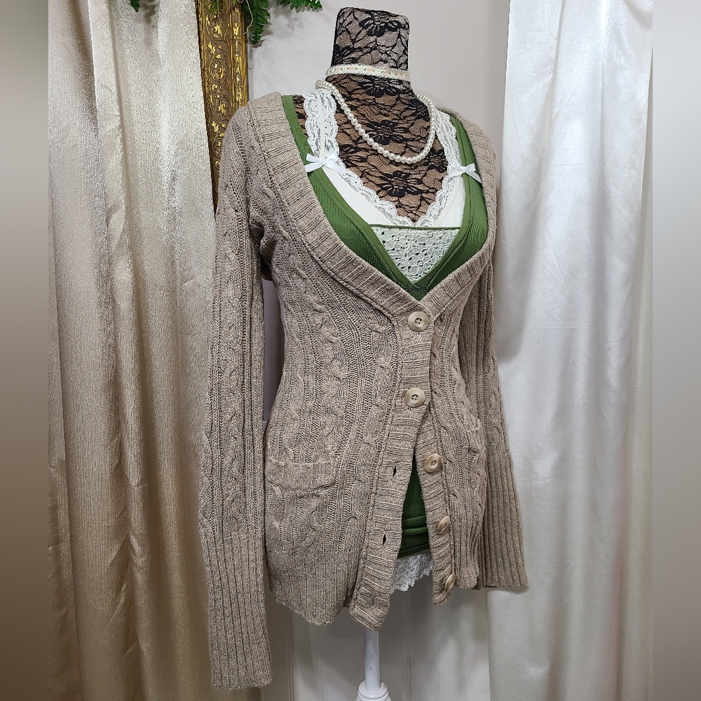 ♡ Y2K ♡ Abercrombie Beige Brown Cableknit Rabbit Hair Babydoll Cardigan Sweater - Picture 4 of 10